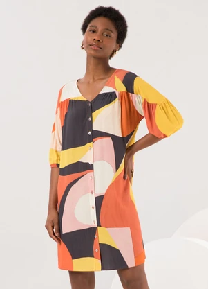 Lunender - Vestido Curto com Mangas 3/4 e Botões Laranja - LUNENDER