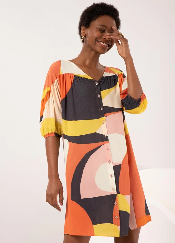 Lunender - Vestido Curto com Mangas 3/4 e Botões Laranja 3