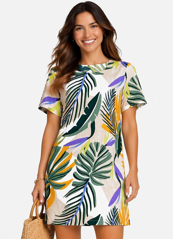 Infinita Cor - Vestido Curto com Pence Gola Redonda Bege