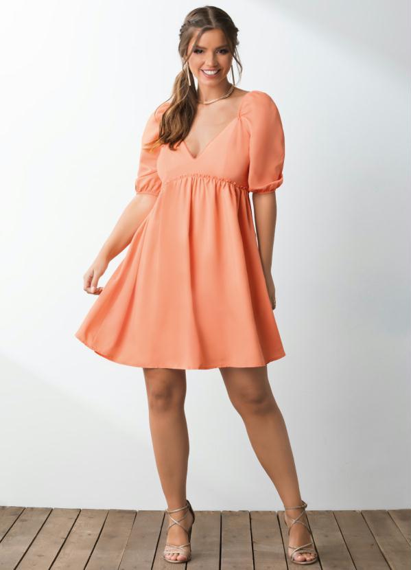 Outlet - Vestido Curto Coral com Mangas Bufantes 3