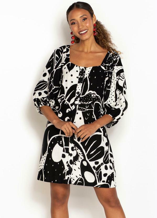 Farm - Vestido Curto de Linho Bichos na Floresta Preto