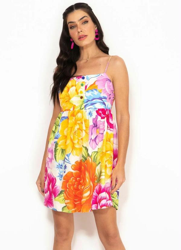 Farm - Vestido Curto de Linho Chita Rainbow Branco