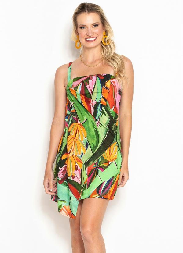 Farm - Vestido Curto de Linho Folhagem de Banana Verde