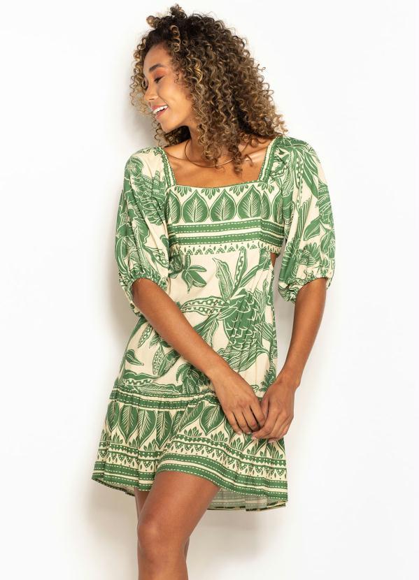 Farm - Vestido Curto de Linho Xilo Tropical Verde