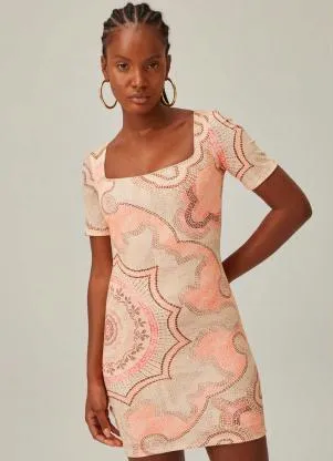 Lança Perfume - Vestido Curto de Malha Decote Quadrado Bege - LANÇA PERFUME