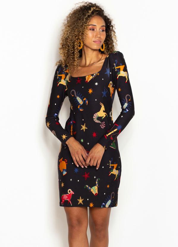 Farm - Vestido Curto de Malha Manga Astral Preto