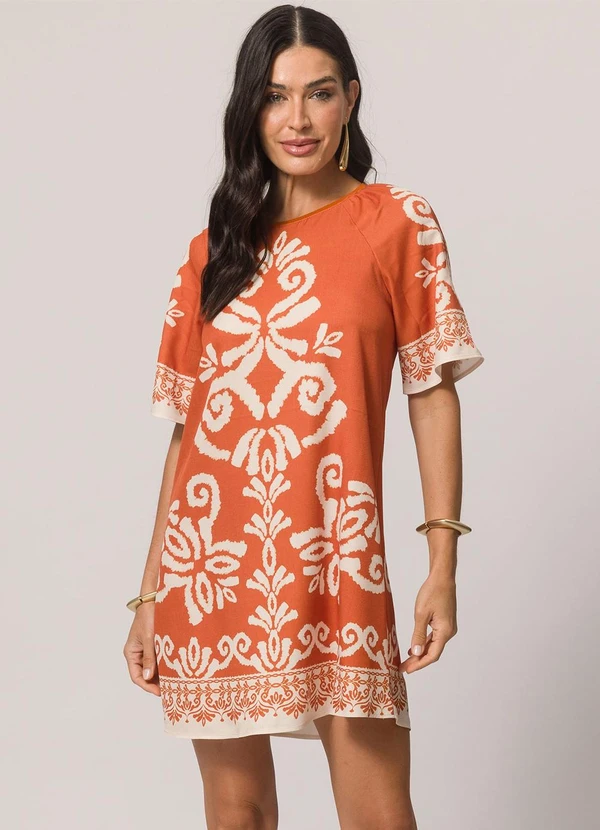 Doce Trama - Vestido Curto de Manga Curta Laranja