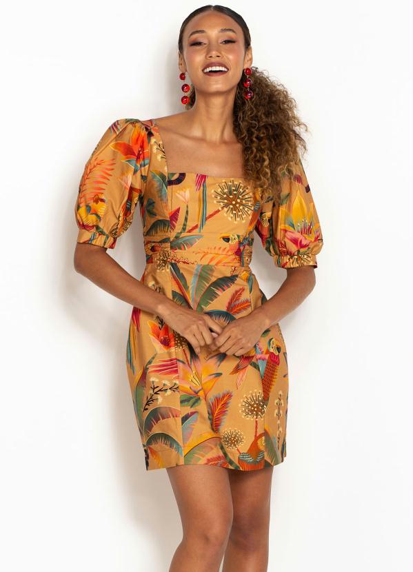 Vestido Curto de Tricoline Festa no Cerrado Bege Farm