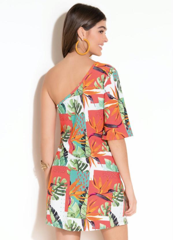 Quintess - Vestido Curto de um Ombro Só Tropical Laranja 2