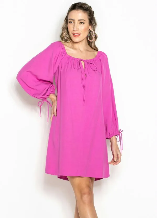 Maria Filó - Vestido Curto de Viscose Decote Elástico Rosa
