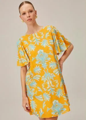 Lança Perfume - Vestido Curto de Viscose Estampado Amarelo - LANÇA PERFUME