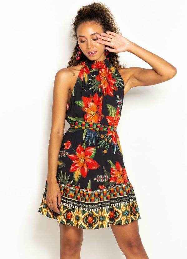 Farm - Vestido Curto de Viscose Floral Kátia Preto