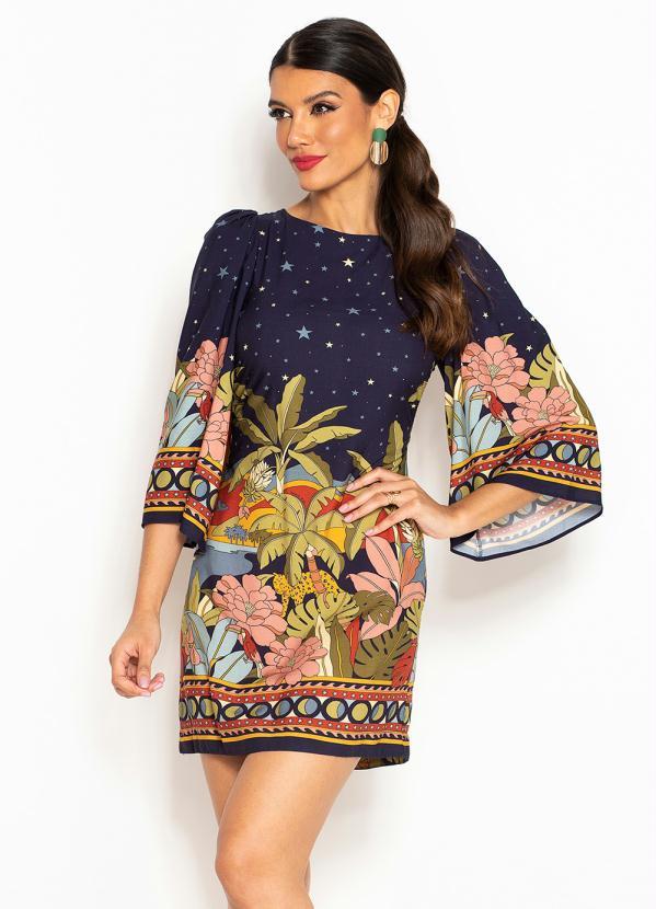 Farm - Vestido Curto de Viscose Luau das Onças Azul