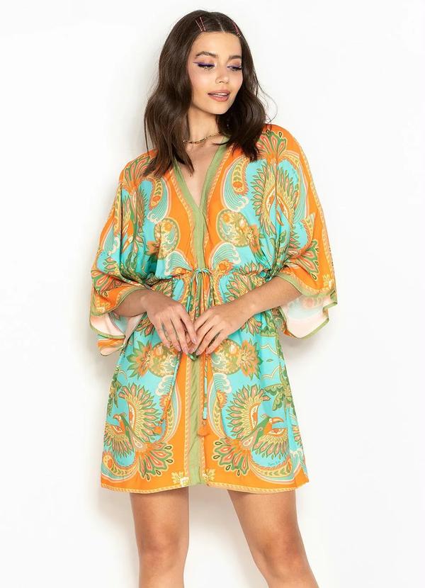 Farm - Vestido Curto de Viscose Manga Tucano Praiano Azul