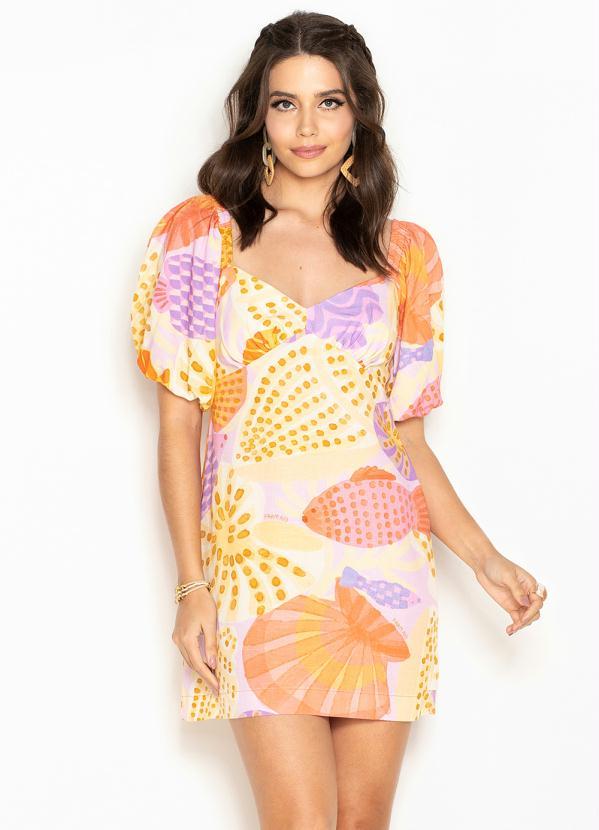 Farm - Vestido Curto de Viscose Praia de Concha Estampado