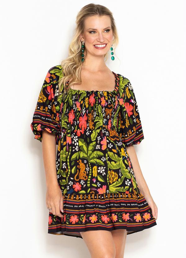 Farm - Vestido Curto de Viscose Solar das Bananas Preto