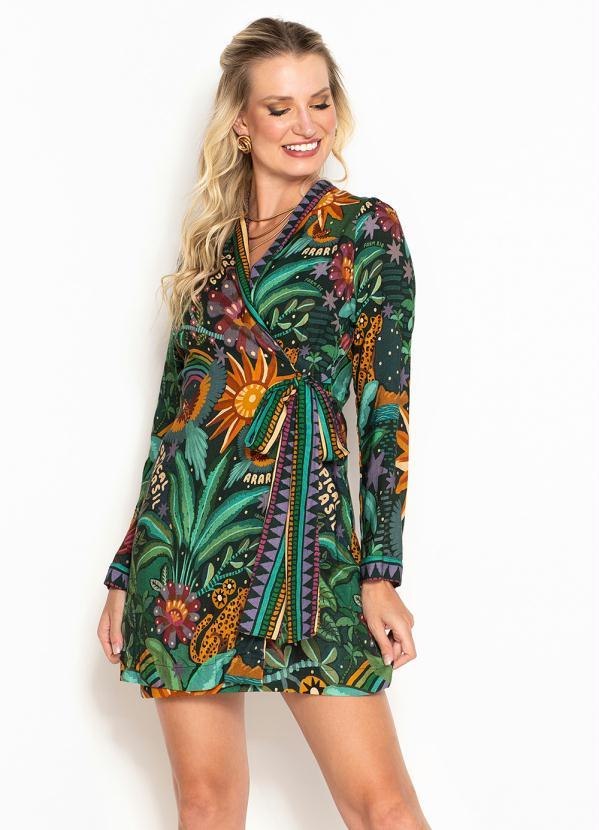 Farm - Vestido Curto de Viscose Tropical do Brasil Verde
