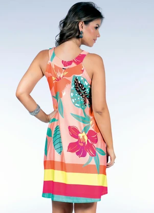 Quintess - Vestido Curto Decote Trapézio Floral Coral - QUINTESS