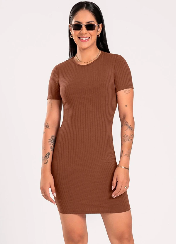 Cativa - Vestido Curto em Canelado Marrom Escuro