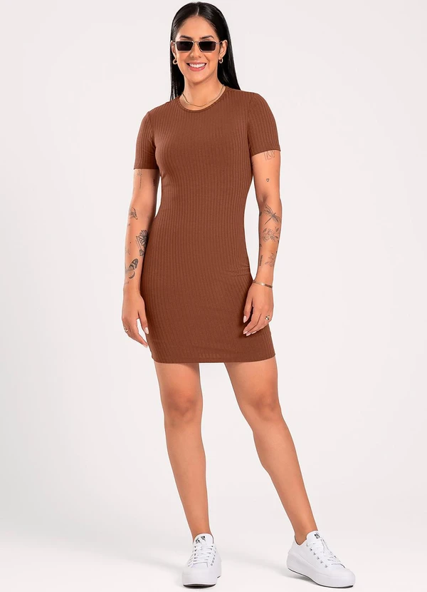 Cativa - Vestido Curto em Canelado Marrom Escuro 3
