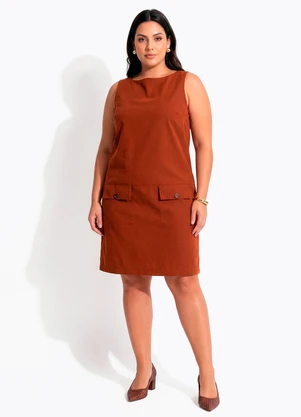 Quintess - Vestido Curto em Nylon Suede Marrom com Bolsos Frontais - QUINTESS