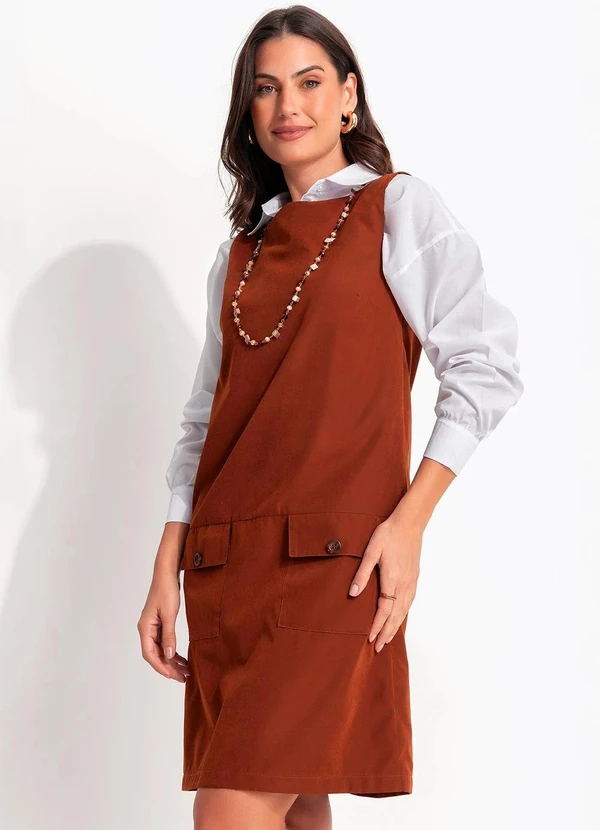 Quintess - Vestido Curto em Nylon Suede Marrom com Bolsos Frontais 7
