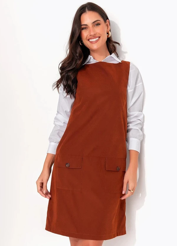 Quintess - Vestido Curto em Nylon Suede Marrom com Bolsos Frontais 9