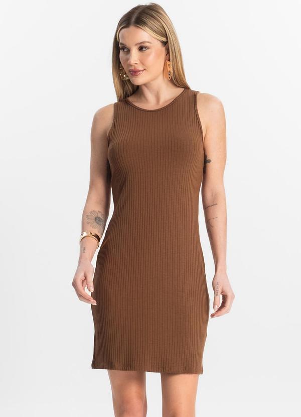 Rovitex - Vestido Curto em Ribana Canelada Marrom