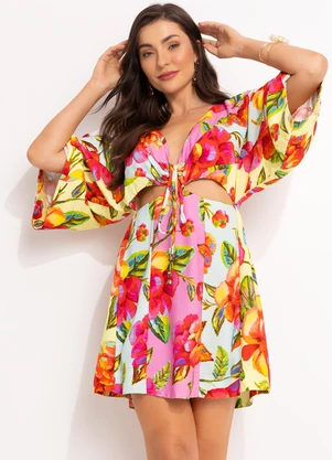 Farm - Vestido Curto em Viscolinho Amarelo - FARM