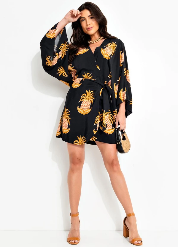 Farm - Vestido Curto em Viscose Amalfi Abacaxi Preto 3