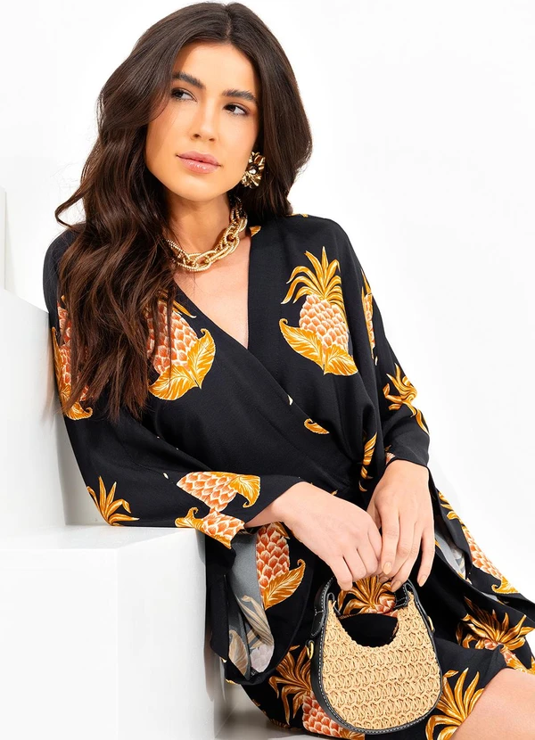 Farm - Vestido Curto em Viscose Amalfi Abacaxi Preto 7