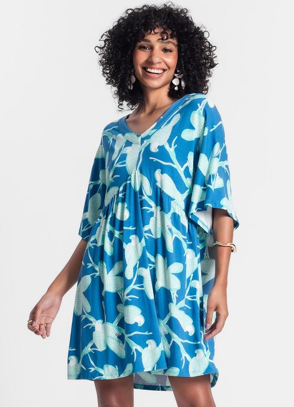 Rovitex - Vestido Curto Estampa Pássaros Azul