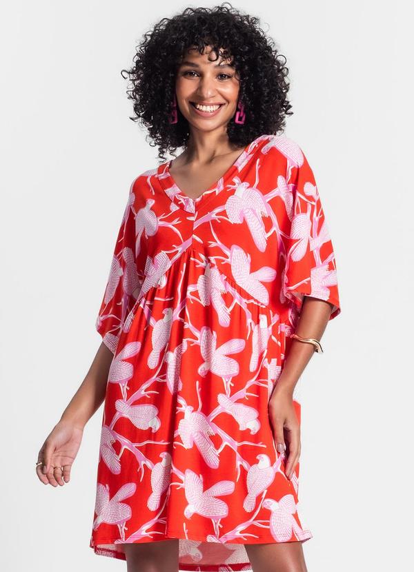 Rovitex - Vestido Curto Estampa Pássaros Laranja