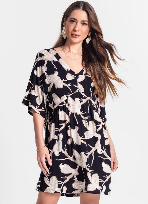 Rovitex - Vestido Curto Estampa Pássaros Preto 4