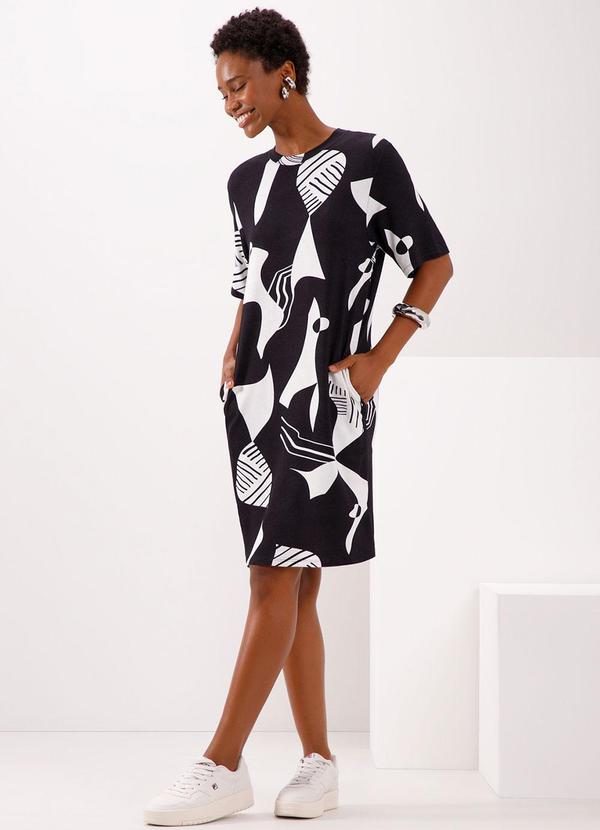 Lunender - Vestido Curto Estampado Bolsos em Malha Preto