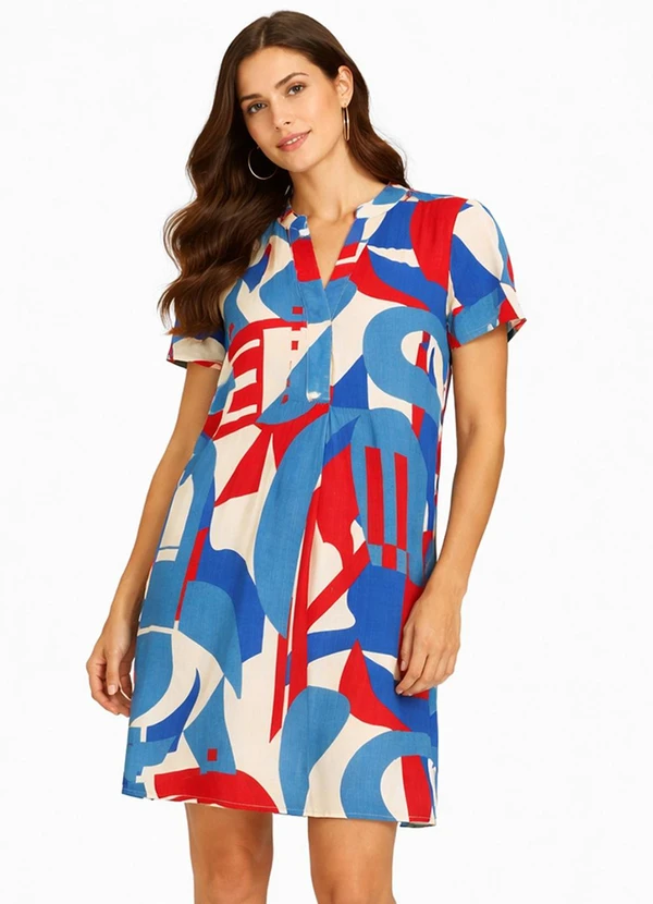 Infinita Cor - Vestido Curto Estampado com Peitilho Azul