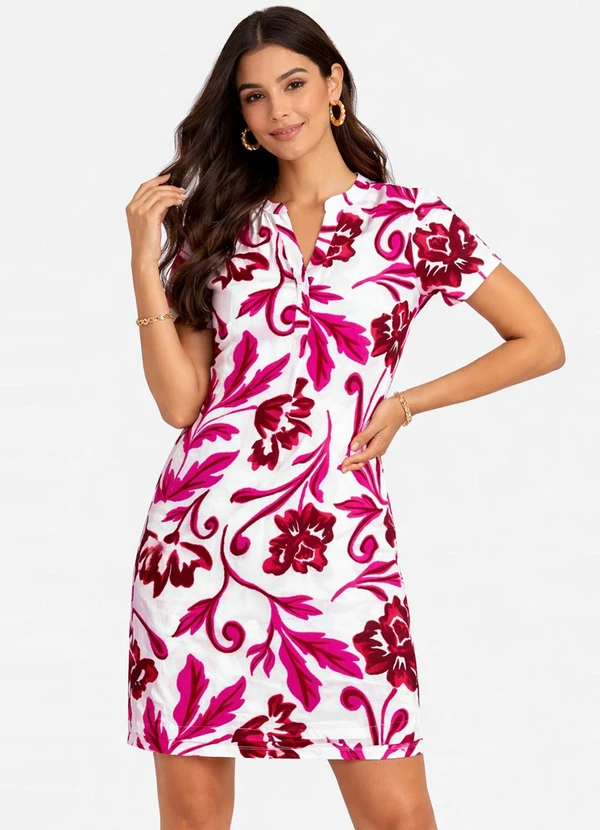 Infinita Cor - Vestido Curto Estampado com Peitilho Bege