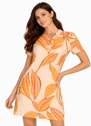 Infinita Cor - Vestido Curto Estampado com Peitilho Bege - INFINITA COR