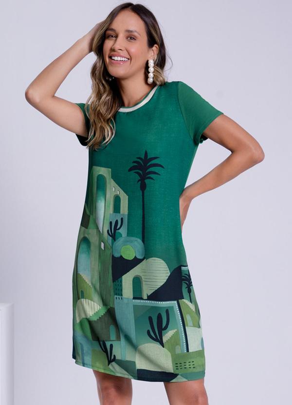 Lunender - Vestido Curto Estampado com Retilínea Verde
