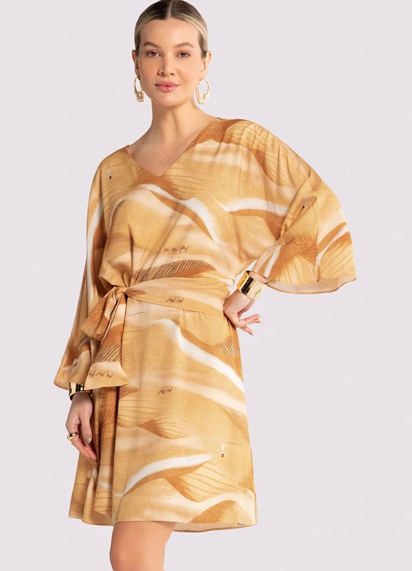Lunender - Vestido Curto Estampado em Viscose com Faixa Amarelo