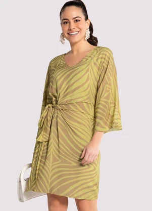 Lunender - Vestido Curto Estampado em Viscose com Faixa Bege - LUNENDER