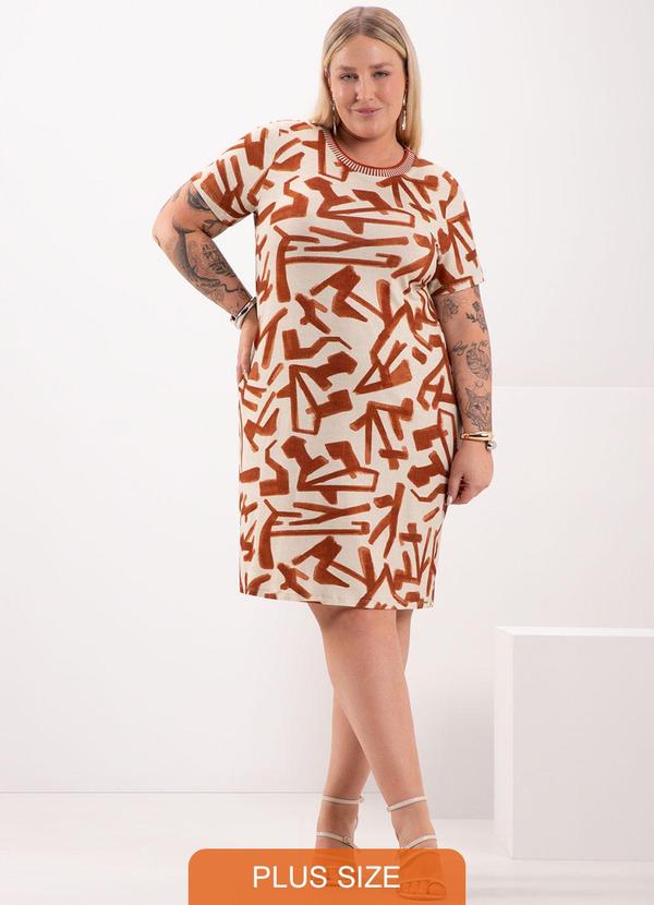 Lunender Mais Mulher - Vestido Curto Estampado Gola em Retilínea Bege