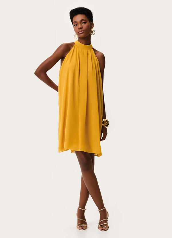 Enfim - Vestido Curto Evasê em Crepe Amarelo
