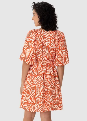 Malwee - Vestido Curto Evasê Folhagens em Viscose Laranja - MALWEE