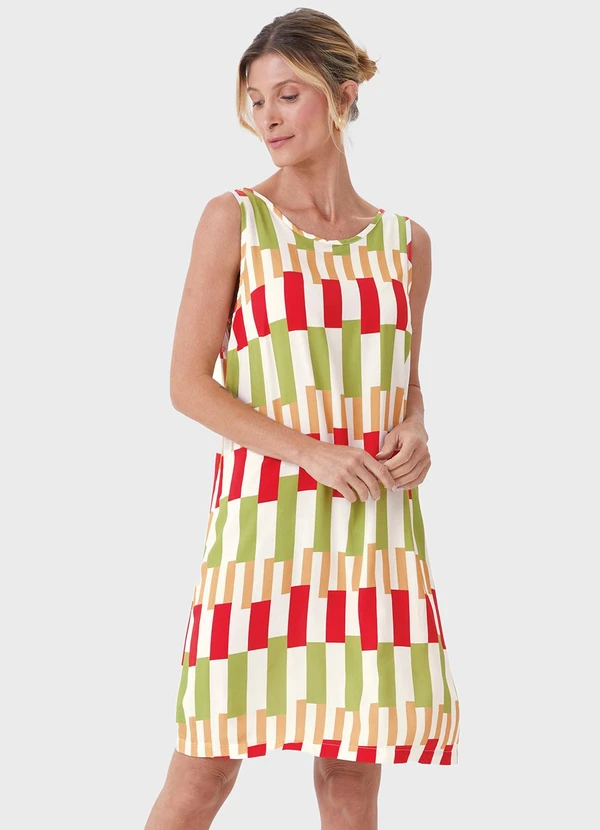 Malwee - Vestido Curto Evasê Geométrico Vermelho