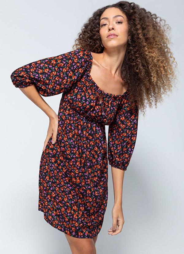 Enfim - Vestido Curto Evasê Liberty Preto