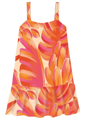 Malwee - Vestido Curto Evasê Tropical com Babado Laranja - MALWEE