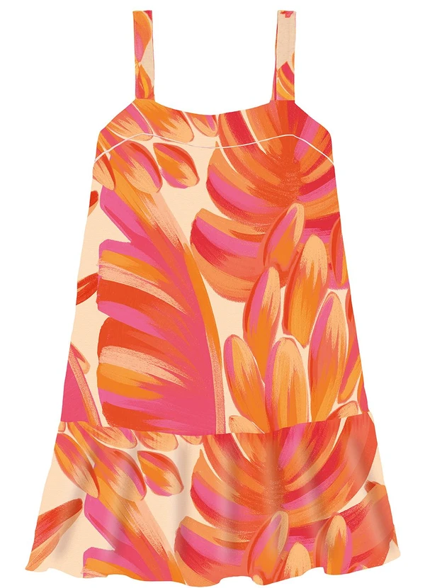 Malwee - Vestido Curto Evasê Tropical com Babado Laranja