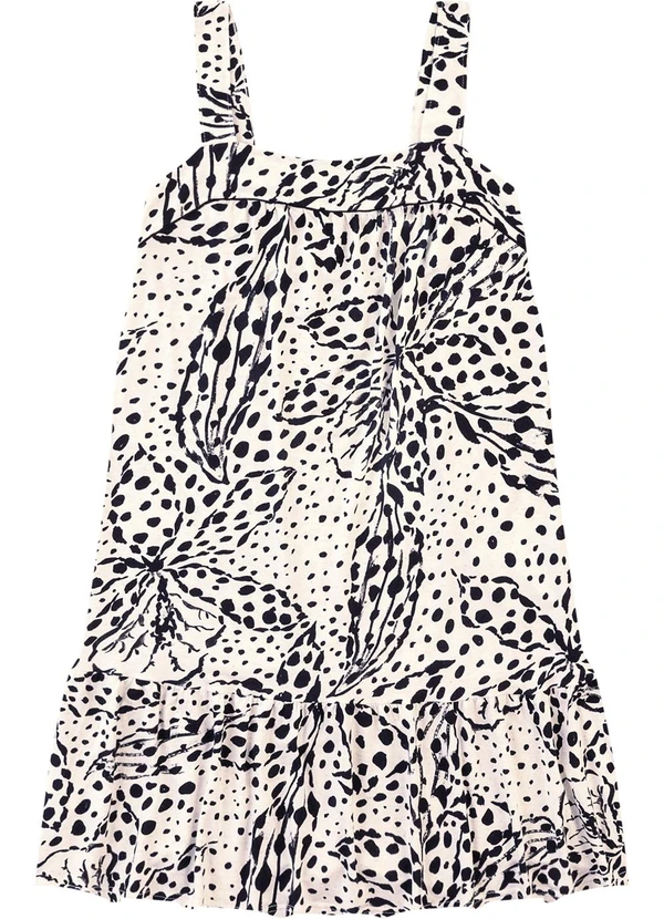 Malwee - Vestido Curto Evasê Tropical com Babado Preto