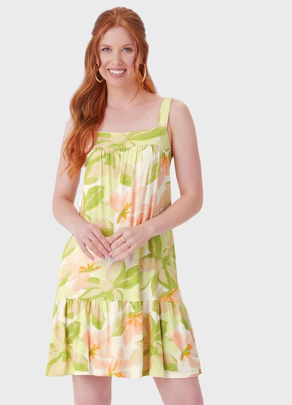 Malwee - Vestido Curto Evasê Tropical com Babado Verde